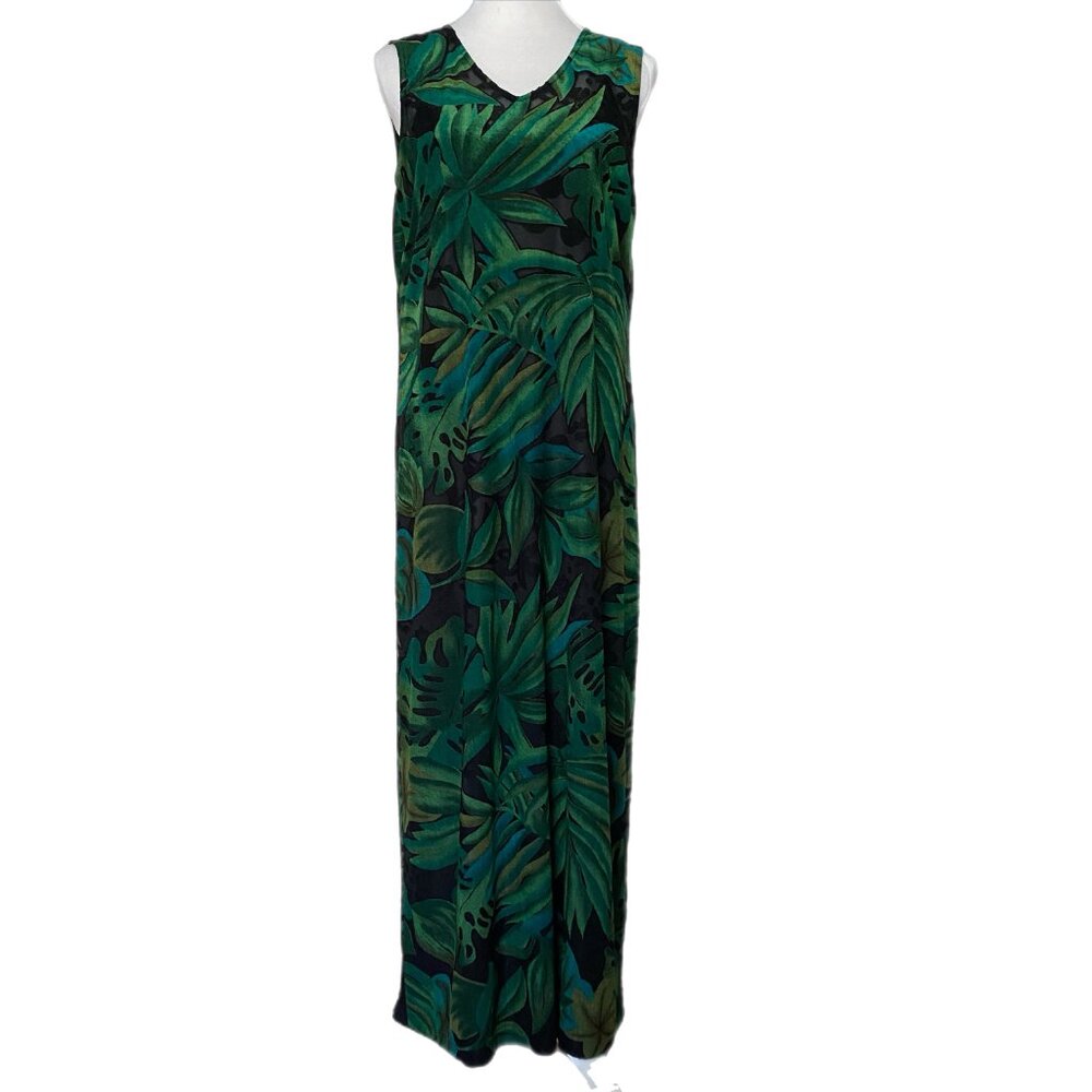 Vintage Carole Little Green Black Floral Sleeveless Lined Maxi Dress Size Large